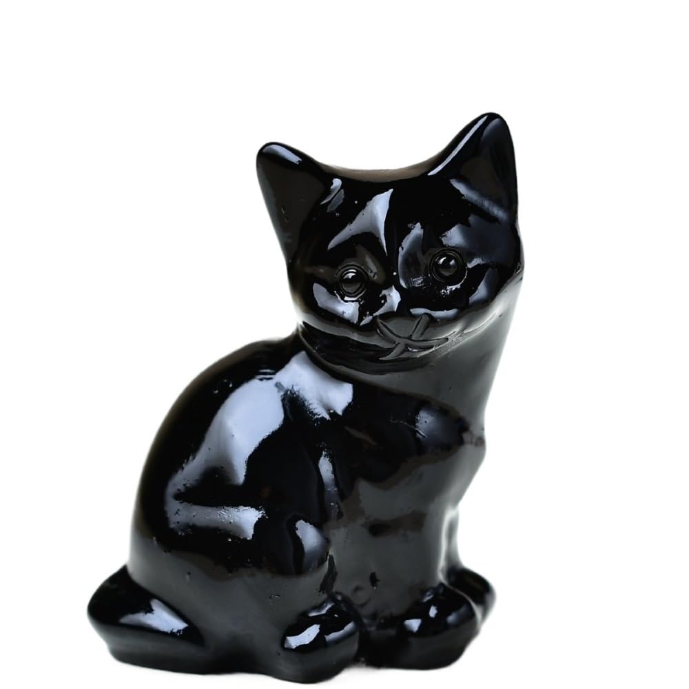 HUFFA Natural Amethyst Cat Figurine - Handcrafted Carving for Home Desktop Decoration(Obsidian)