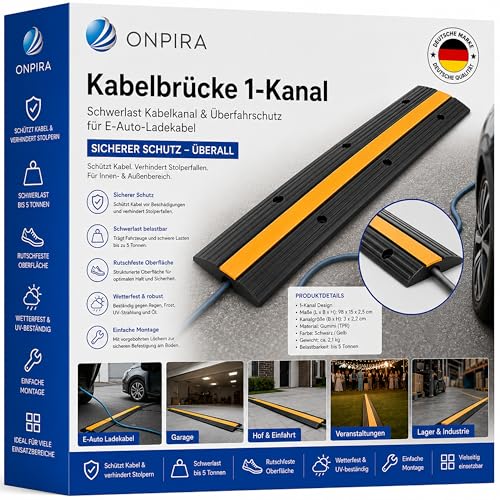 Onpira Kabelbrücke 1-Kanal Schwerlast Kabelkanal & Überfahrschutz für E-Auto-Ladekabel rutschfest Stolperschutz & Rampe für Außenbereich Ideal für Garage Hof & Veranstaltungen