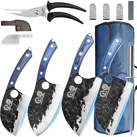 XYJ Portable Chef Knife Set Professional,Hammer forged Serbian Chef Knife Set,4pcs Butcher Knives with Roll Bag,Scissors,Sharpener Rod,Full Tang for Women Men Cover