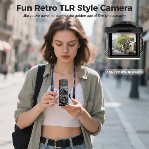 CHUZHAO ヴィンテージミニデジタルカメラ、ポータブルTLRスタイルのレトロでコンパクトな小型ポケットサイズ1080P ビデオカメラ、12MPオートフォーカス機能搭載で、初心者、ティーンエイジャー、大人向け、16GBカード、ネックストラップ、Type-C充電ケーブル、日本語取扱説明書付き, ブラック