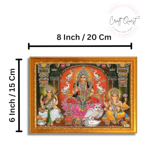 Image of CRAFT QUEST Lakshmi Devi with ganesh ji and saraswati mata Wall Painting Photo Frame for Diwali Pujan (Synthetic, Golden, Sparkle Finish, Small Size, 8 X 6 Inch)