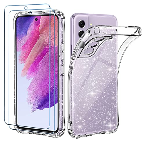 Qasyfanc Coque Protection Caméra Compatible avec Samsung Galaxy S21 FE 5G Paillettes avec 2 pièces Verre Trempé, Transparent Glitter Etui Silicone [Coussin d'air Intégré] Antichoc Housse - Paillette