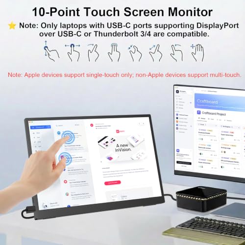Image of IBW 15.6 inch Portable Touchscreen Monitor for Laptop, 1080P FHD IPS USB-C | 10-Point Touch, Tempered Glass, Dual Speakers, Adjustable Kickstand, External Monitor for MacBook, Phone, PS5, Switch & Xbox