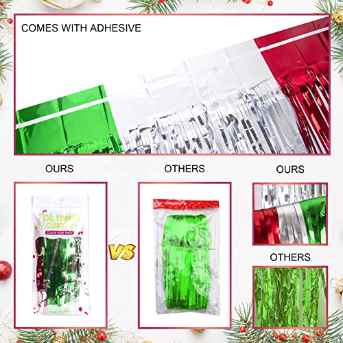 LOLStar 3 Pack Christmas Party Decorations 3.3 x 6.6ft Foil Fringe Curtains Red Silver Green Tinsel Metallic Photobooth Props Backdrop Streamers for Christmas in July, New Year, Ugly Sweater Party
