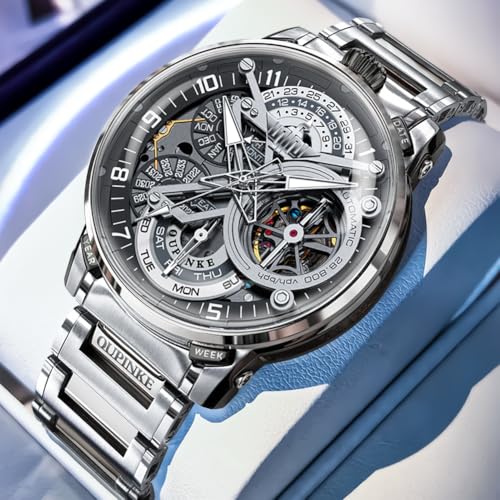 Image of OLEVS Automatic Men Watch Self Winding Mechanical Moon Phase Business Luxury Diamond Dress Stainless Steel Waterproof Luminous Mens Wrist Watch