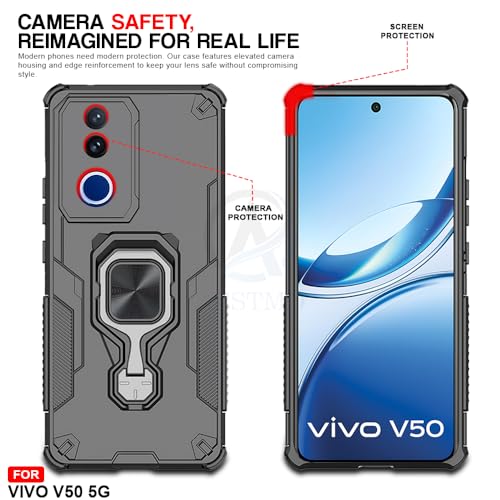 Image of AESTMO Armor Back Cover for Vivo V50 / V50E / T4R / iQOO Z10R 5G | Ring Holder & Kickstand & Camera Protection in-Built | 360 Degree Protection Back Case Cover (Black)
