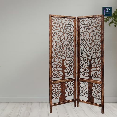 Image of Wooden Room Partition /Screen /Room Divider /Room Separator Traditional Handicrafts 6Ft (Dark Brown) (Tree 2 Panel)