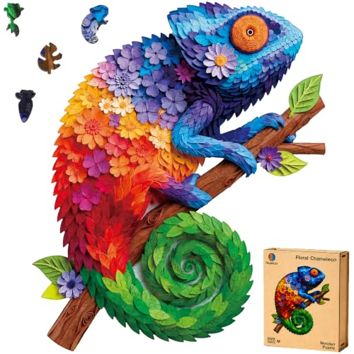 Hopelucr Wooden Puzzles for Adults, Floral Chameleon Jigsaw Puzzles for Adults 200 Pieces, Unique Animal Shaped Wood Puzzles, Challenging Animal Puzzle Gift for Family Game Night Home Decor 11x9.2 in