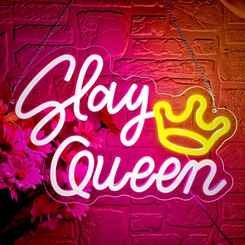 Image of Slay Queen Neon Sign for Wall Decor Slay Queen LED Light for She Shed | Dimmable led light, empowering wall decor, bedroom vanity, gift for women, confidence decor, size 13.8*9.5 in