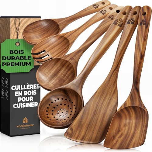 Ustensiles de Cuisine Bois - Ensemble Premium en Teck de 6 pièces avec Cuillère en Bois et Spatule Cuisine - Facile à nettoyer - Léger, Résistant à la Chaleur, Durable et Anti-Rayures