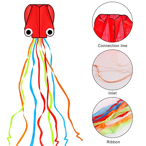 Ysber 2 Pack Large Octopus Kites, 3.8Ftx2.3Ft 3D Mollusc Octopus Kite With 157 Inch Long Colorful Tail Easy Flyer Kite For Children Adults Beginner Outdoor Beach Park Kite (Red+Orange) #TOP2