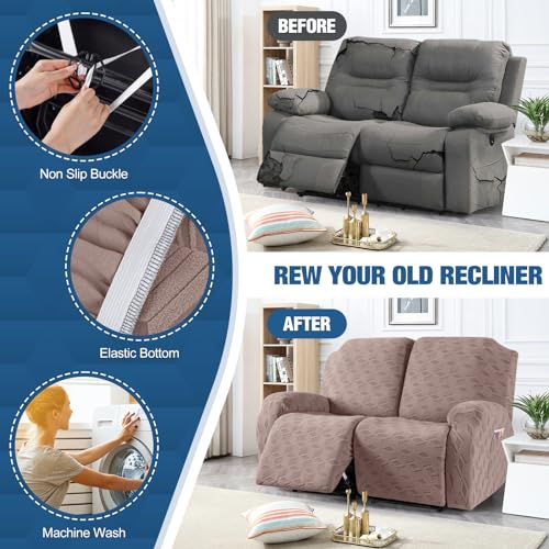TAOCOCO Recliner Loveseat Cover, Stretch Jacquard Reclining Loveseat Cover Furniture Protector Sofa Slipcovers 2 Seat Recliner Covers with Elastic Bottom for Kids, Pets (Khaki) by TAOCOCO - Image 5