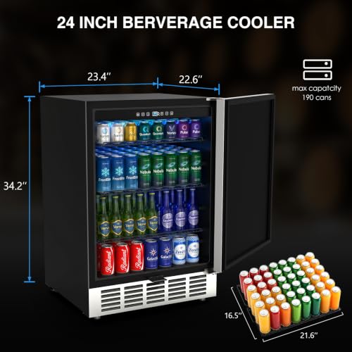 Image of Mojgar 24 Inch Beverage Refrigerator, Under Counter Beverage Fridge for 190 Cans, Indoor & Outdoor Under Counter Refrigerator | Built-in & Freestanding | Low Noise, Stainless Steel Door