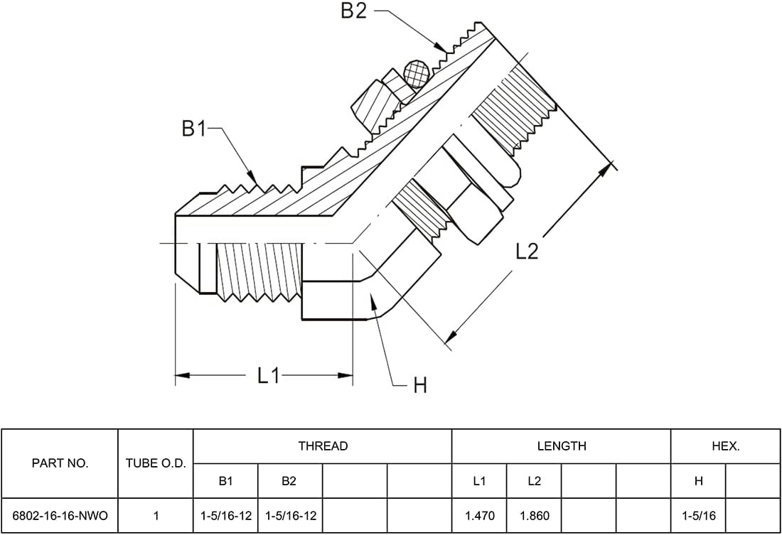 6802-16-16-NWO Hydraulic Adapter Fitting 1" Male JIC 37°Flare × 1" Male Adjustable O-Ring Boss 1-5/16"-12 SAE ×1-5/16"-12 SAE Swivel 45°Elbow Pipe Joints Carbon Steel