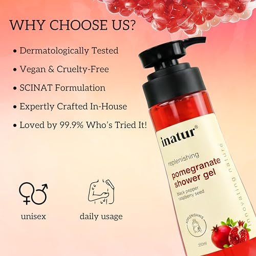 Image of inatur Pomegranate Shower Gel | Refreshing & Rejuvenating Body Wash | Sulfate-Free & Gentle Cleanser | Hydrating & Nourishing | Liquid Shower Gel for Glowing Skin | For All Skin Types | 350ml