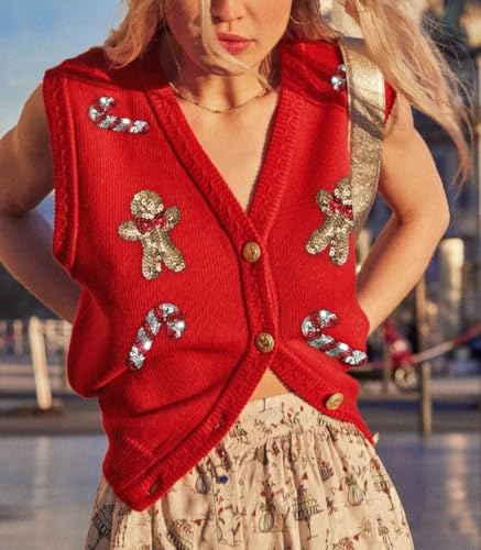 Image of Women Christmas Sweater Vests Santa Claus Print Sleeveless Knit Cardigan Vest Christmas Holiday Tank Top