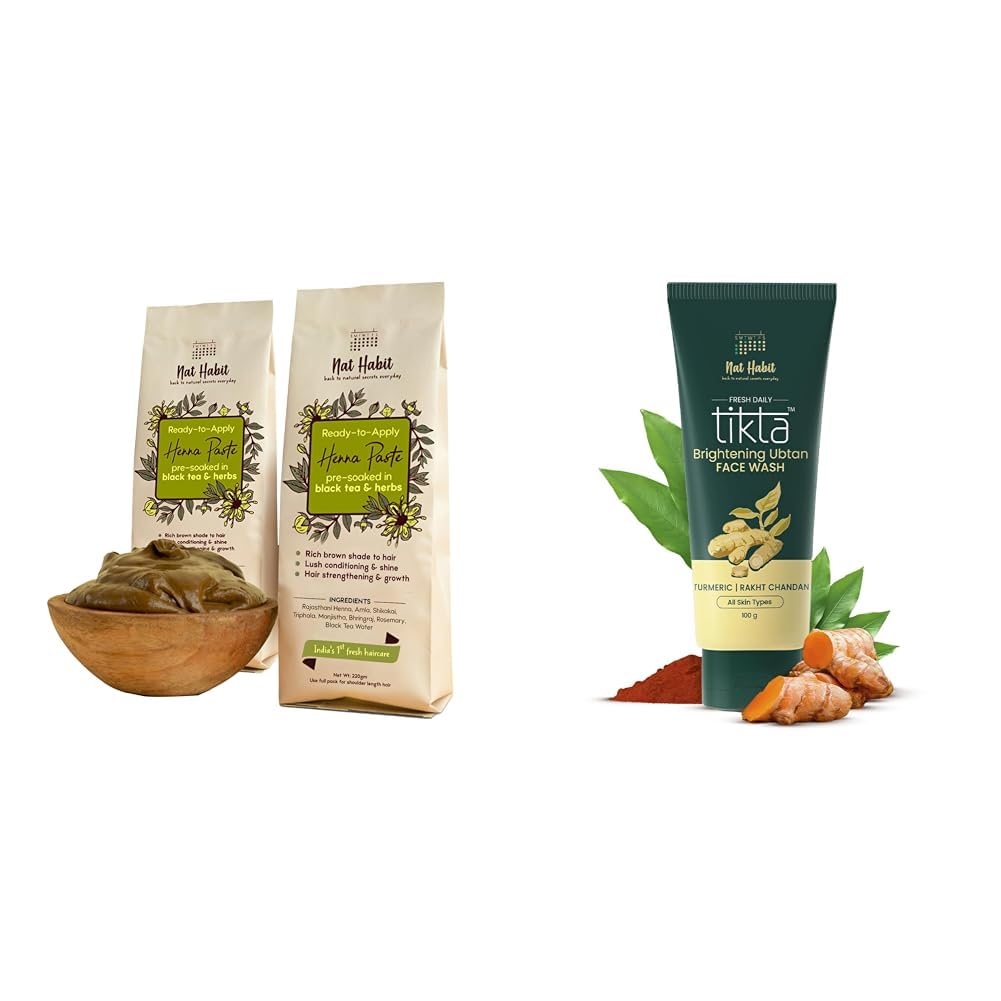 Nat Habit - Fresh Ready To Apply Henna Paste (Pack of 2 x 220g) and Nat Habit Ubtan Face Wash, Fresh Daily Tikta For Men & Women 100g-image-20