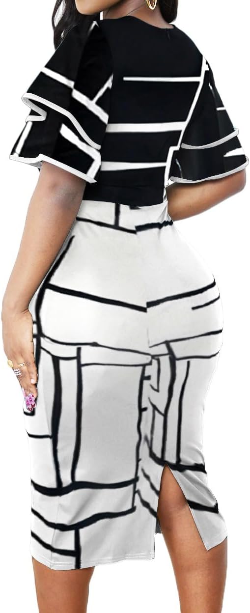 Xinlees Women's Bodycon Pencil Dress Sexy Short Ruffles Sleeve Clubwear Basic Fitted Outfits Casual Midi Dresses - Image 3