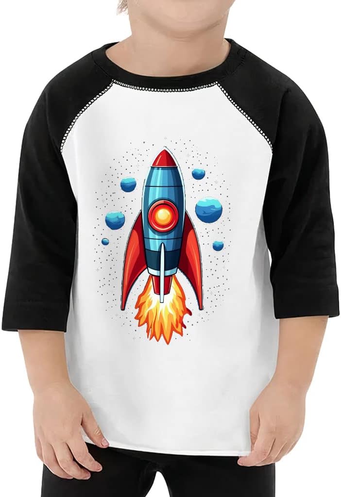 Spaceship Print Toddler Baseball T-Shirt - Rocket 3/4 Sleeve T-Shirt - Art Print Kids' Baseball Tee