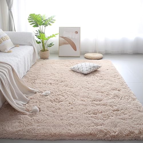Tapis à poils longs doux beige 120x180 cm antidérapant pour table de nuit