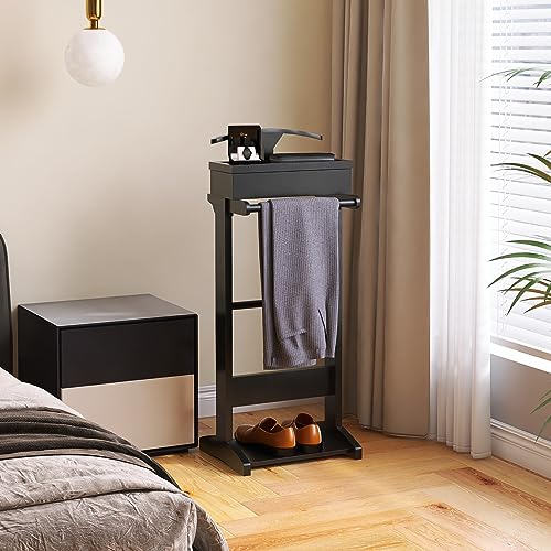 Image of Wooden Valet Stand for Men, Modern Mens Valet Stand with Tray Organizer, Shoe Shelf, Hanging Rod & Suit Rack, Freestanding Clothes Rack for Bedroom Entryway Office, Black
