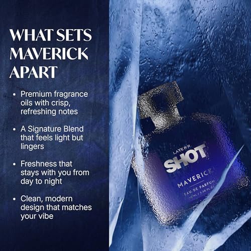Image of Layer'r SHOT Maverick Eau De Parfum for Men, 100ml | Long-lasting fresh fragrance with citrus, ozonic, white floral, aromatic, amber & moss notes for everyday wear.