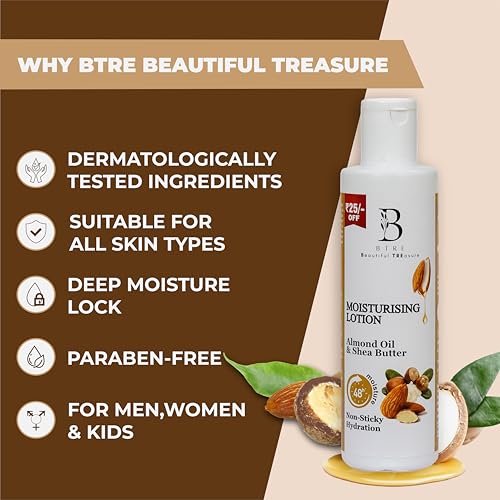 Image of BTre Almond Oil & Shea Butter Moisturising Lotion | 48Hr Non-Sticky Hydration | Non-Greasy Body Lotion | Deep Nourishing for Soft & Smooth Skin | Lightweight Daily Moisturizer for Men & Women - 200ml