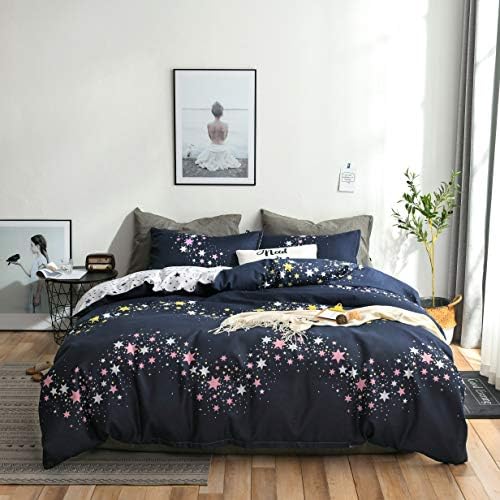 Hxiang Blue Bedding Set Dream Starry Sky Duvet Cover Set ，Printed Constellation Pattern Lightweight Soft (Star, Full)