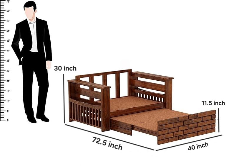 Image of Solid Sheesham Wood Sofa Cum Bed 2 Seater | Wooden Foldable Double Bed for Living Room with Headboard & Storage | Bed Cum Sofa with Mattress for Bedroom Furniture (Honey Finish)