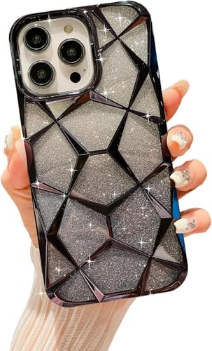 Image of VONZEE Gradient Glitter Case For iPhone 16 Pro Max, Luxury Electroplated 3D Cube, Diamond Bling Shiny Soft TPU Clear Shockproof Case Women Girls Protective Phone Cover (Black)