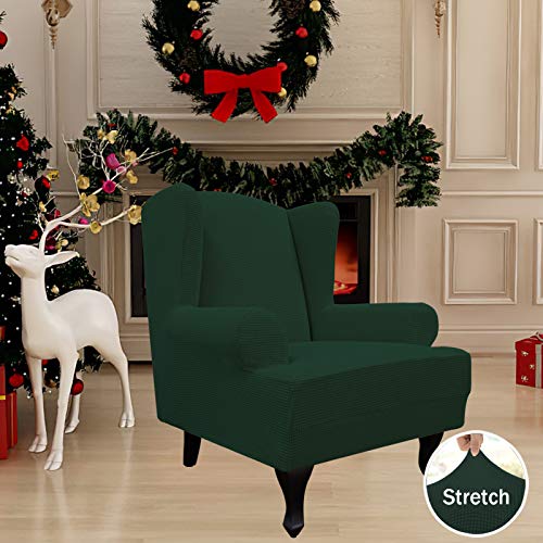Image of Easy-Going Stretch Large Wingback Chair Sofa Slipcover Dark Green | 1-Piece Sofa Cover Furniture Protector Couch Soft with Elastic Bottom, Spandex Jacquard Fabric Small Checks