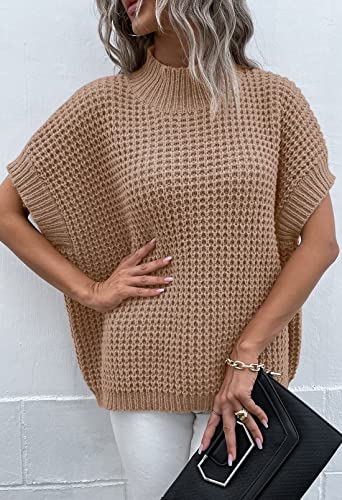 Image of Viottiset Womens Oversized Short Batwing Sleeve Mock Neck Sweater Vest Fall Sleeveless Pullover Knit Sweaters