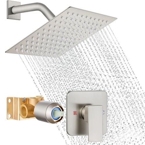 Cinwiny Duscharmatur-Set, Duschkopf und Griff-Set mit Ventil, Regenduschsystem, Einzelgriff, für moderne Badezimmer-Wandhalterung, 20,3 cm, gebürstetes Nickel