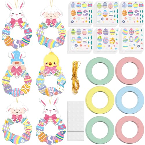 Qyeahkj 24 Sets Easter Wreath Decorations DIY Easter Wreath Crafts for Bunny Chick Sheep Dwarf Paper Cutouts and Stickers Easter's Hanging Ornaments Art Project Gifts for Home Activity