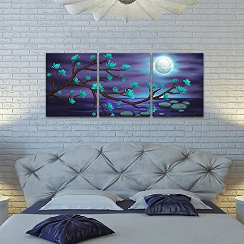 OuElegent Tela de lua cheia para parede, design de flores de magnólia, roxo escuro, pintura de paisagem, para sala de estar, quarto, emoldurado pronto para pendurar, 30,5 x 40,6 x 3 cm