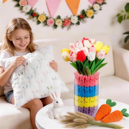 Image of ALFEVA Easter Decorations-Vase in Vase 15pcs Artificial Tulips and 56 Peeps Bunnies Filler, Easter Vase Set Ready to Display,Spring Decorations for Home Table