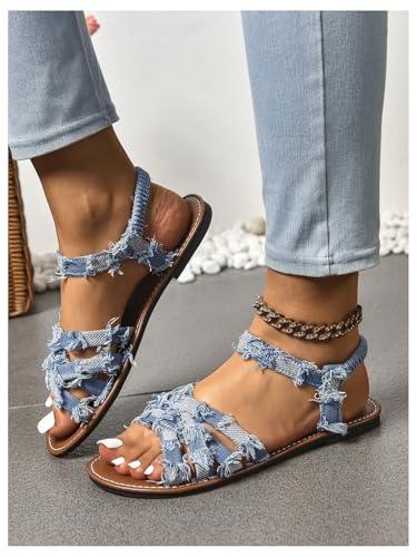 Floerns Women's Criss Cross Denim Sandals Strappy Flat Sandals with Ankle Straps3