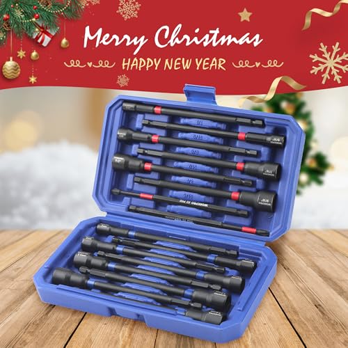 Image of WORKPRO 16-Piece Magnetic Nut Driver Set and Bit, 6 inch Long Nut Drivers, Metric & SAE Nut Drivers for Impact Drill, Long Shank Nut Driver Bits, 1 /4 inchHex Shank, Long Power Bits, PH2, with Sturdy Tool Box