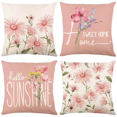 yeshttdy Pink Spring Summer Pillow Covers 18X18 Inch Set of 4 Sweet Home Indoor Outdoor Decorative Throw Pillow Covers Patio Cushion Covers for Spring Summer Couch Sofa Bed Porch Decor