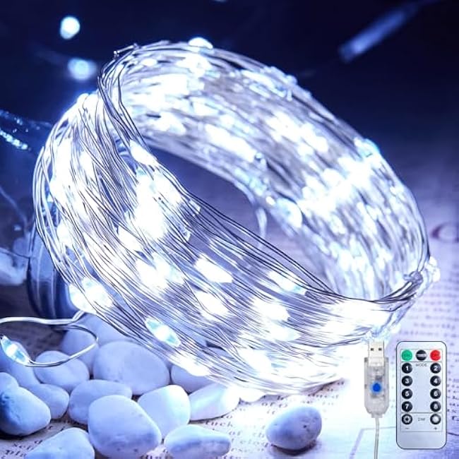 Minetom USB Fairy Lights Plug in, 66 Feet 200 LED Twinkle String Lights with Remote and Timer, Waterproof 8 Modes for Bedroom Indoor Wreath DIY Party Wedding Christmas Holiday Decoration, Pure White