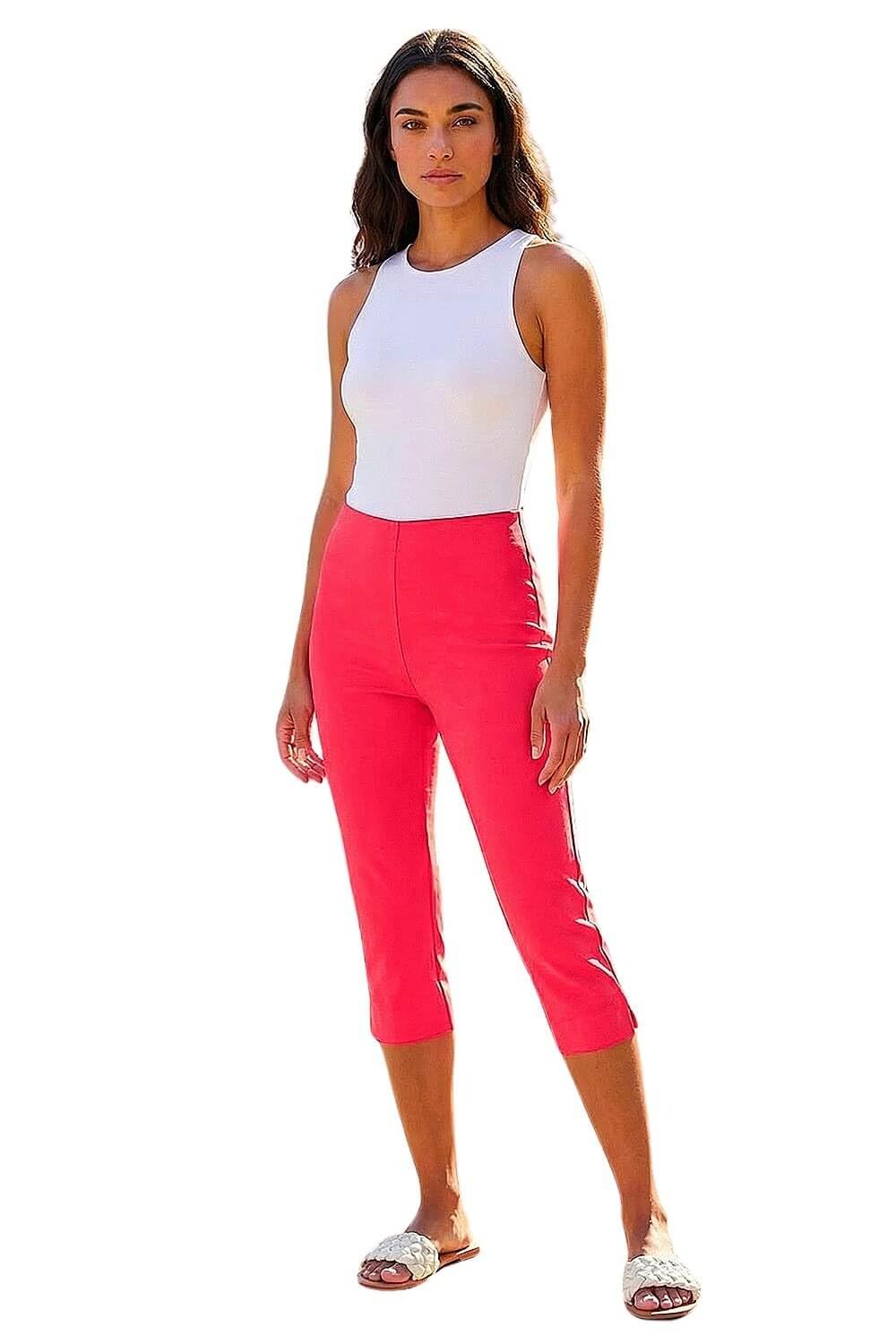 Roman Originals Women's Plain Coral Roman Cropped Trousers For Uk Capri Leggings Summer Pants Short Crop Stretch 3/4 Length Three Quarter Pedal Pusher Clothes Elasticated Bengaline Cut Off - Size 20