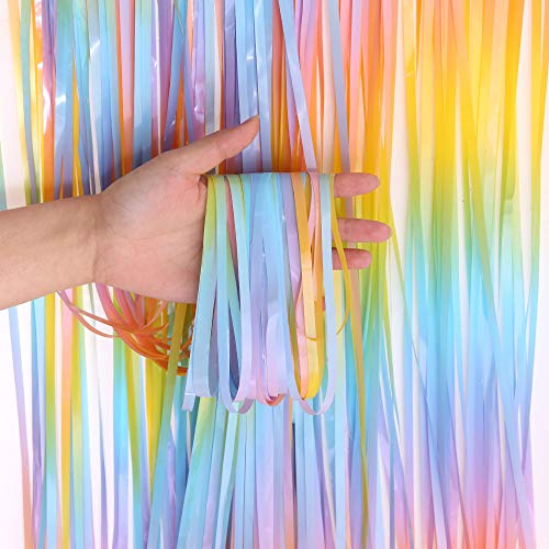 Image of Colorful Foil Fringe Curtain Backdrop,4 Pack 3.3x6.6 ft Rainbow Foil Tinsel Curtains for Birthday Wedding Party Photo Backdrop