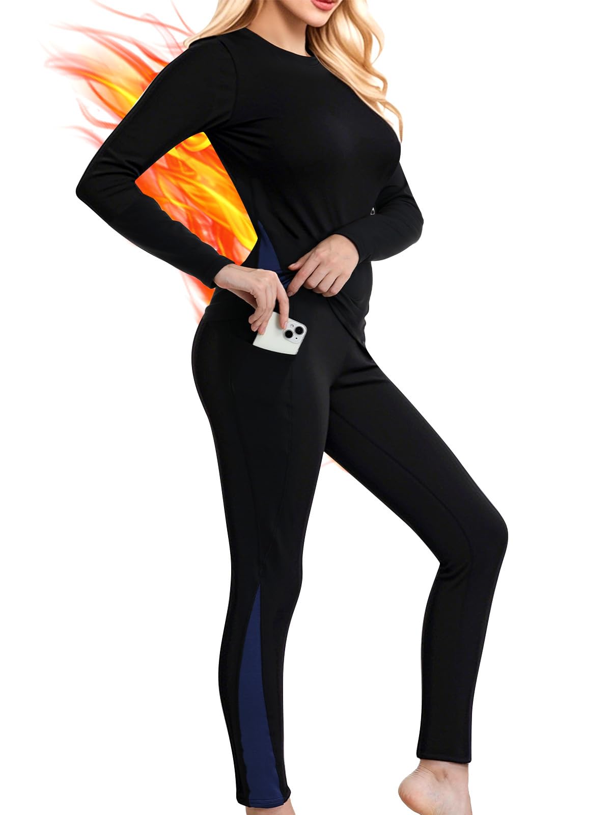 AiseyiThermal Underwear Womens Warm 240g/m² Fleece Ski Base Layer Set with 2 Pockets Quick Dry Women Long Sleeve Winter Thermal Top and Bottoms Breathable Ladies Functional Underwear for Sports Black