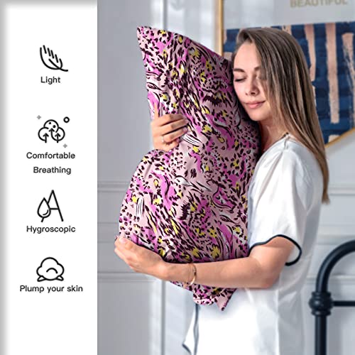 Mulberry Silk Pillowcase for Hair and Skin Queen Size Leopard Print Silk Pillow Cases with Zipper Soft Breathable Smooth Cooling Silk Pillow Covers for Sleeping (Pink Paint,20"X 30",1Pcs)