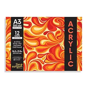 Zen Sangam Artists A3 Acrylics Glued Sketch Paper Pad - 300 GSM - Cold Pressed - (12 Sheets) - Canvas Texture Surface - 29.7x42cm - for Acrylics, Tempera, Poster Paint, Heavy-Body Paints, Oil Paints