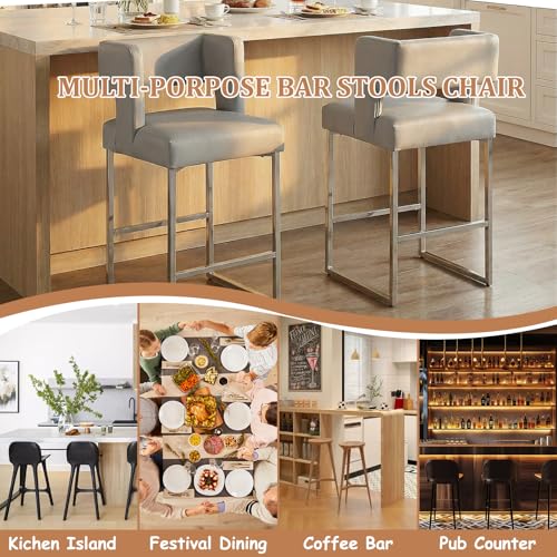Image of 26 inch H PU Leather Bar Stools Set of 6, Counter Height Bar Seats with Square Back, Modern Upholstered Armless Barstools with Metal Silver Legs for Kitchen Island Dining Room Bar, Light Grey