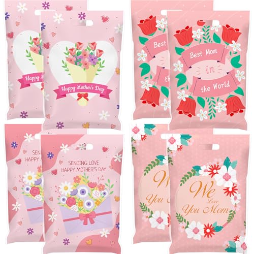 Eaasty 48 Pieces Large Plastic Happy Mothers Day Gift Bags Bulk 16 x 12 Inch Best Mom Treat Candy Goodie Bags Pink Flower Shopping Pouch for Mothers Day Party Favor Gift Giving