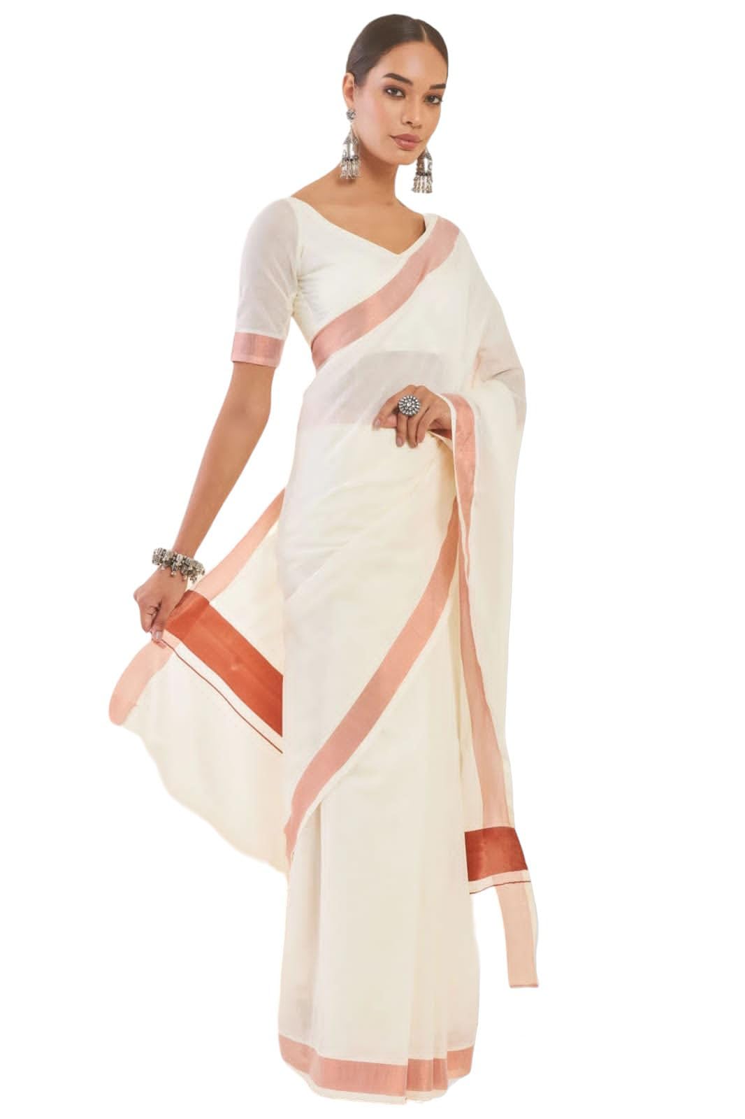 TEXATION Women's Kerala Kasavu Plain Cotton Saree With Running Blouse Piece (100% Cotton) (Saree 5.5 meter, Blouse 0.8 meter)