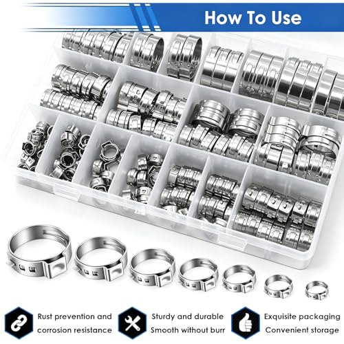 Image of 170Pcs 13 Sizes 304 Stainless Steel Single Ear Hose Clamps 5.3-31.6mm Crimp Hose Clamps Assortment Kit Perfect for Automotive /Home Appliance /Water Pipe and Fuel Line