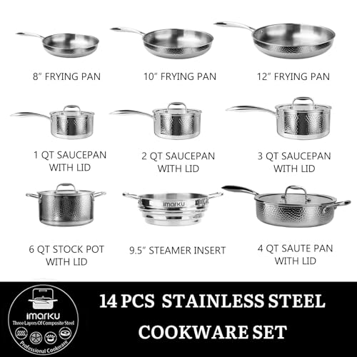 Image of imarku 14-Piece Tri-Ply Hammered Stainless Steel Cookware Set | Multifunctional 14pc Pots and Pans with Steamer | Non-Toxic No-Coating Nonstick | Induction & Oven-Safe up to 500F
